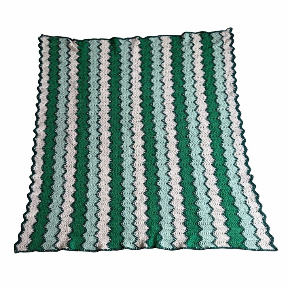 Vintage Green White Crochet Striped Throw Blanket 58"x53"